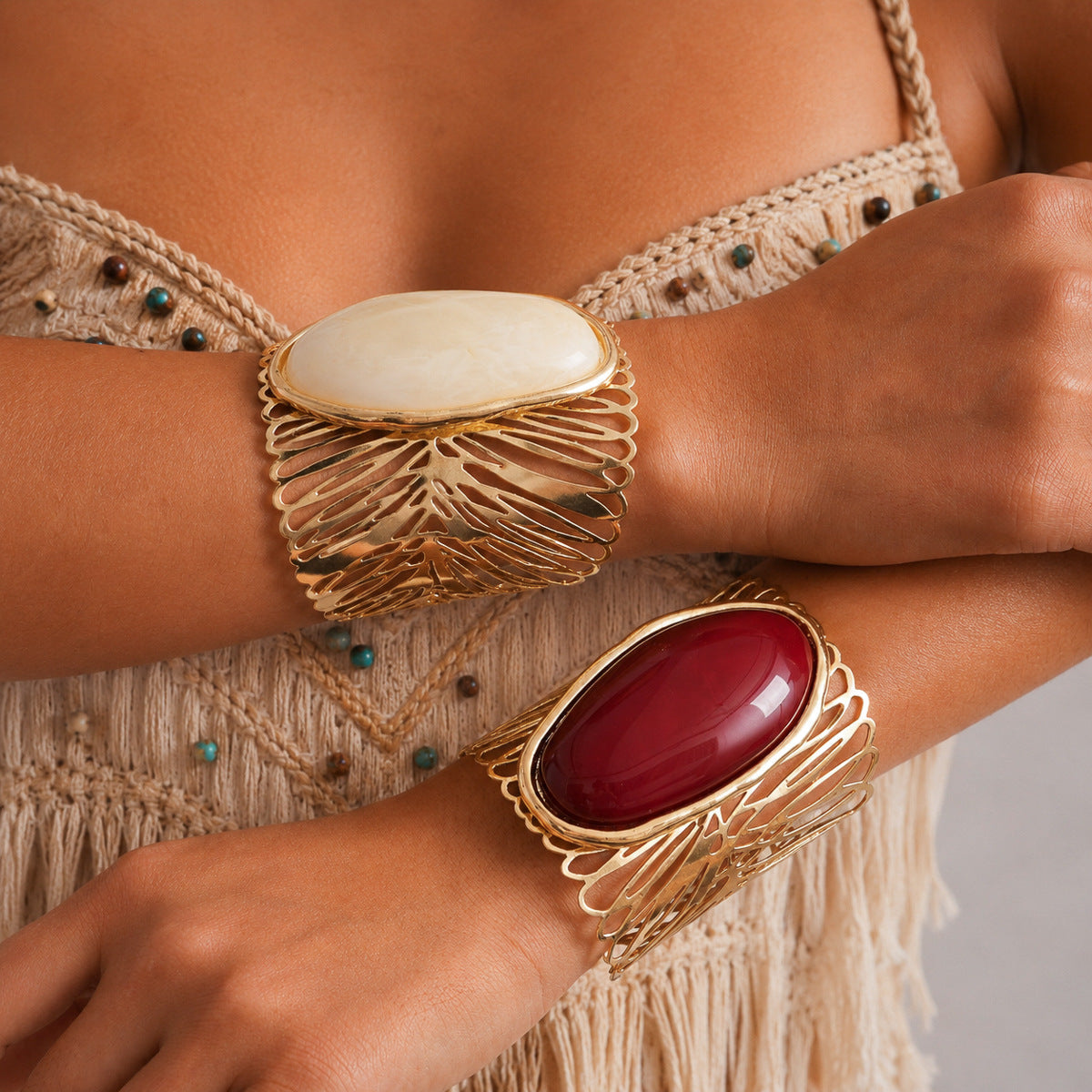 Lisa Olive Stylish Oval Stone Hollow Out Wide Cuff Bracelet — image 3