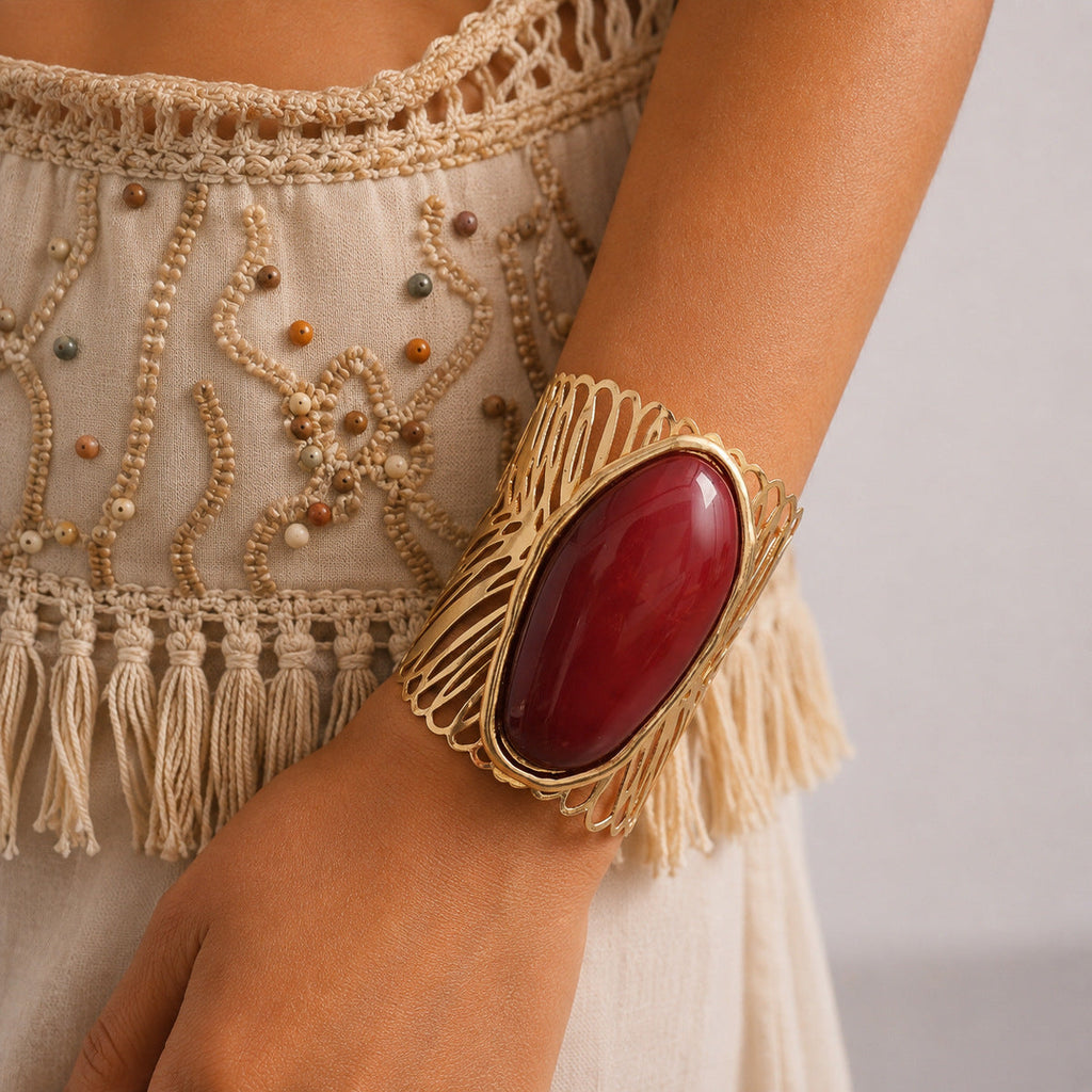 Lisa Olive Stylish Oval Stone Hollow Out Wide Cuff Bracelet — image 6