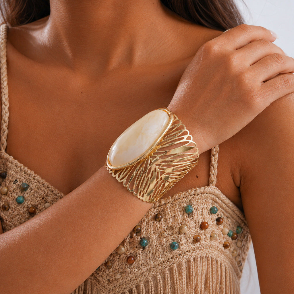 Lisa Olive Stylish Oval Stone Hollow Out Wide Cuff Bracelet — image 5