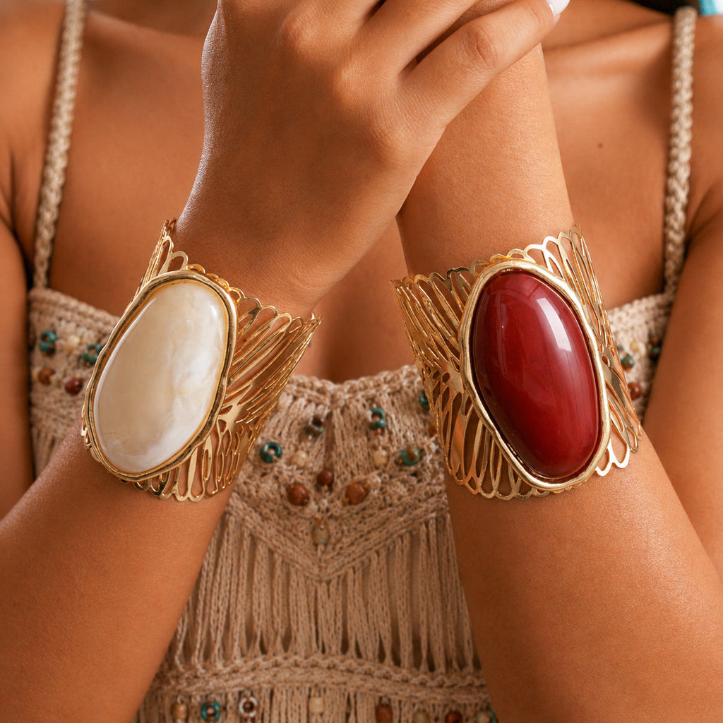 Lisa Olive Stylish Oval Stone Hollow Out Wide Cuff Bracelet — image 4