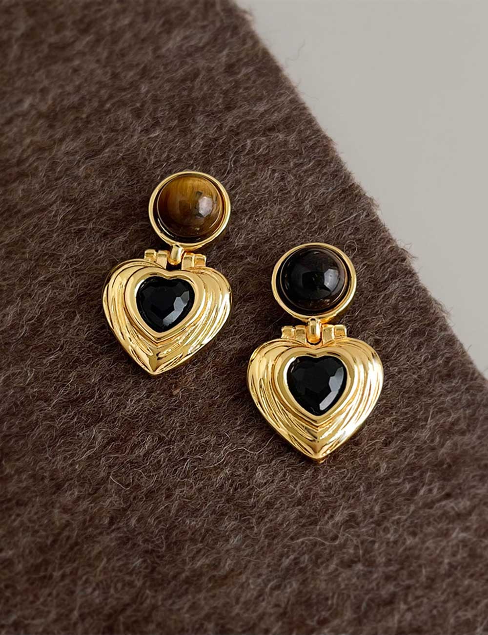 Ribbed Heart Drop Earrings — gold earrings