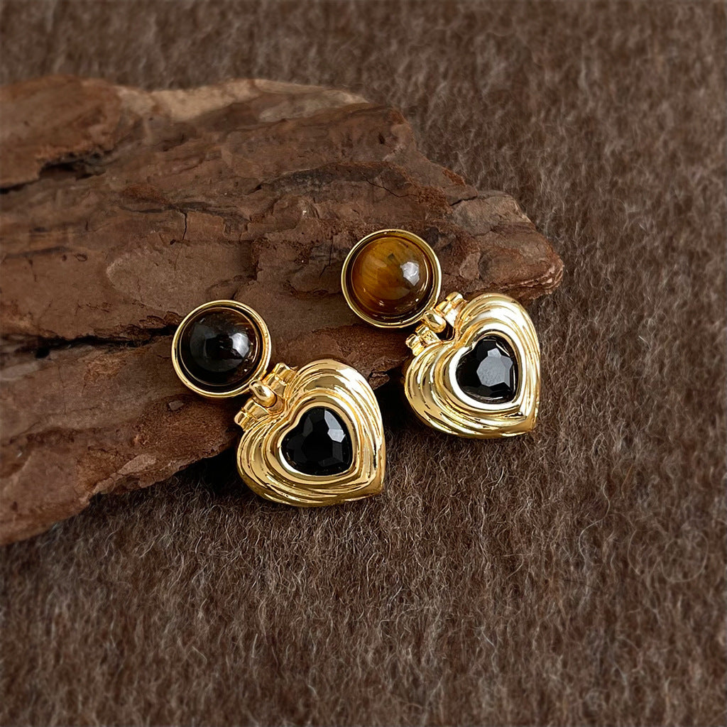 Ribbed Heart Drop Earrings — gold earrings, view 2