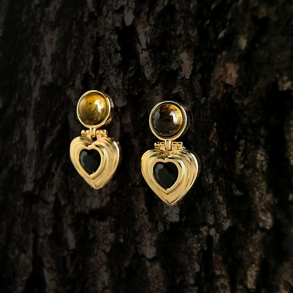 Ribbed Heart Drop Earrings — gold earrings, view 3
