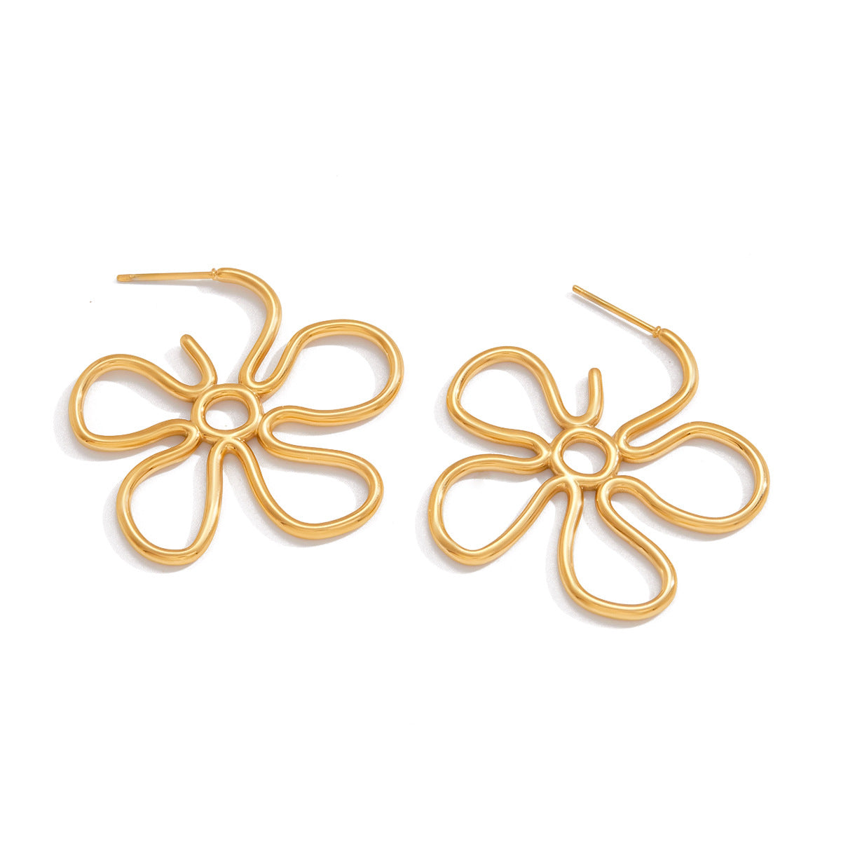 Slim Hollow-Out Flower Stud Earrings — gold earrings, view 4