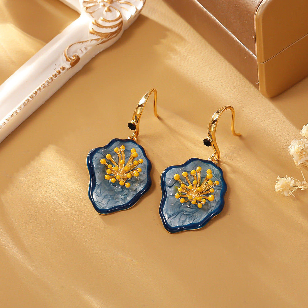 Irregular Flower Enamel Hook Earrings — blue earrings, view 2