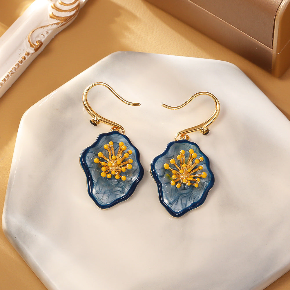 Irregular Flower Enamel Hook Earrings — blue earrings, view 3
