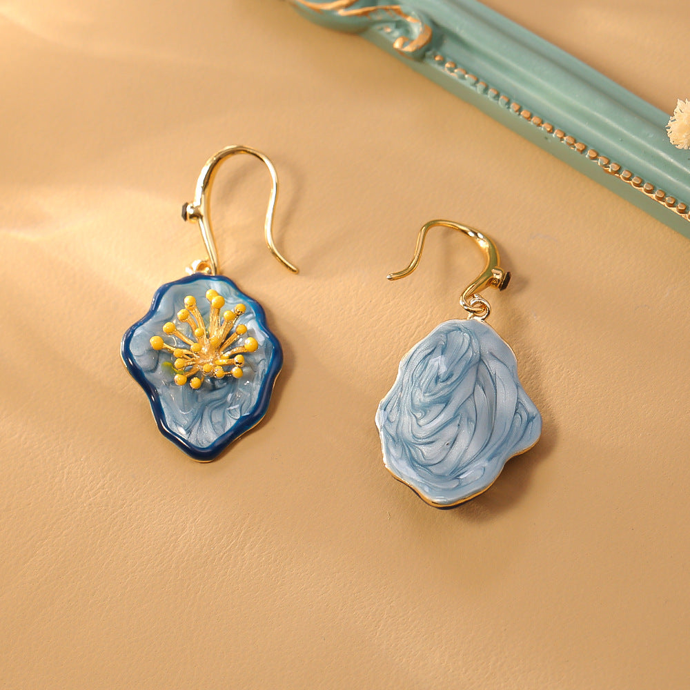 Irregular Flower Enamel Hook Earrings — blue earrings, view 4