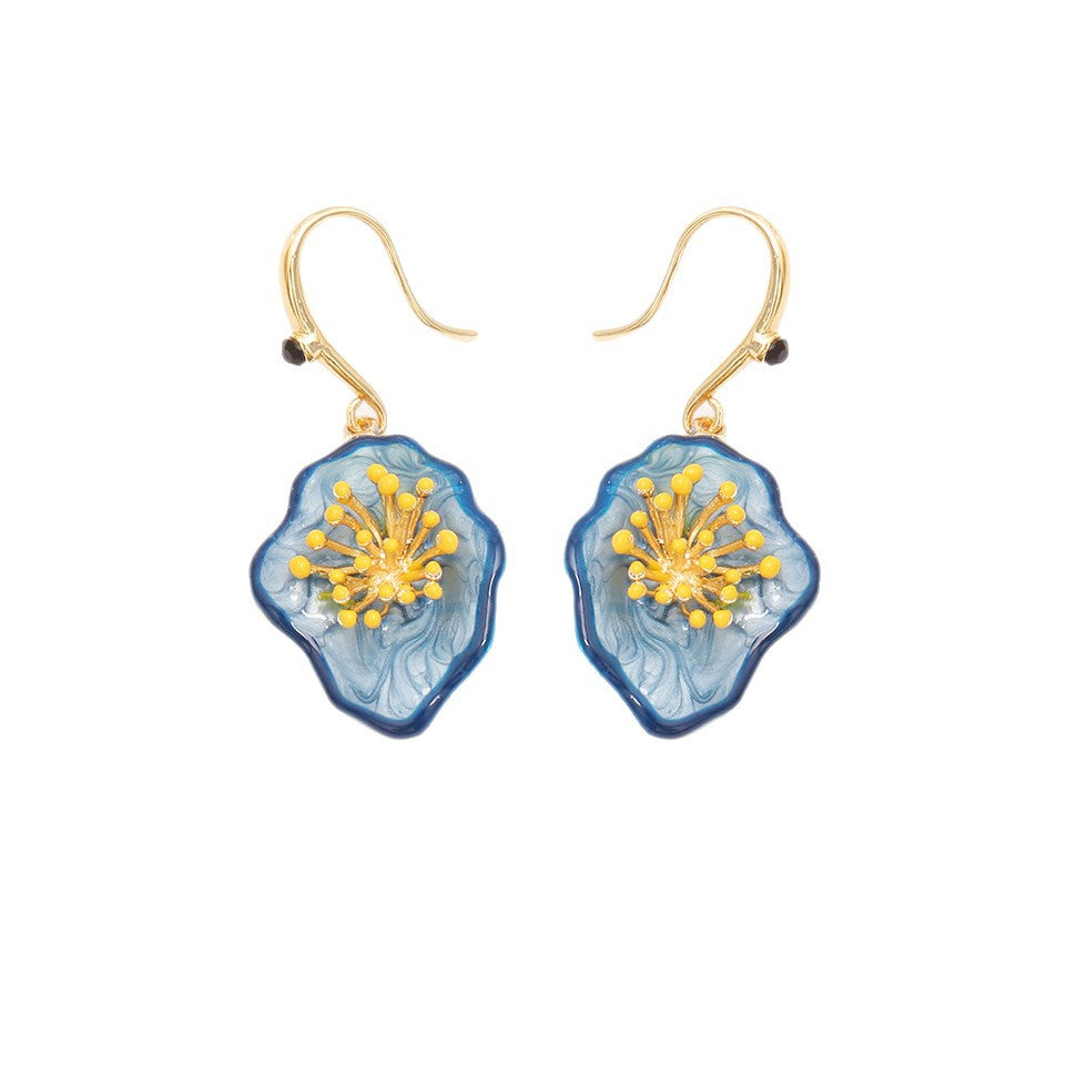 Irregular Flower Enamel Hook Earrings — blue earrings, view 5