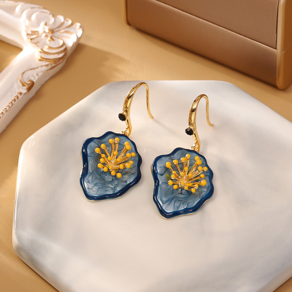 Irregular Flower Enamel Hook Earrings — blue earrings, view 6