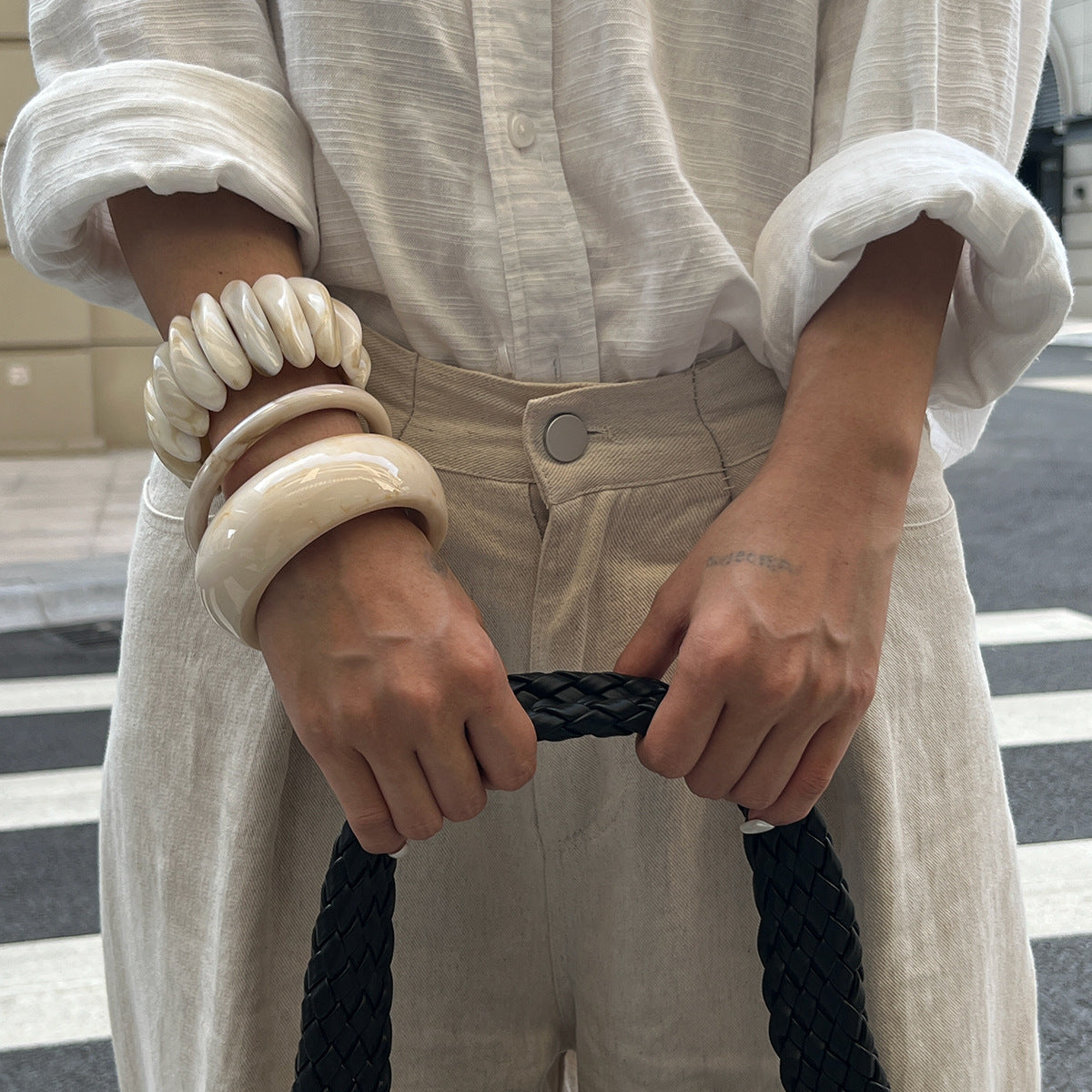 Cream Marble Resin Stretch Bracelet — bracelet, view 3