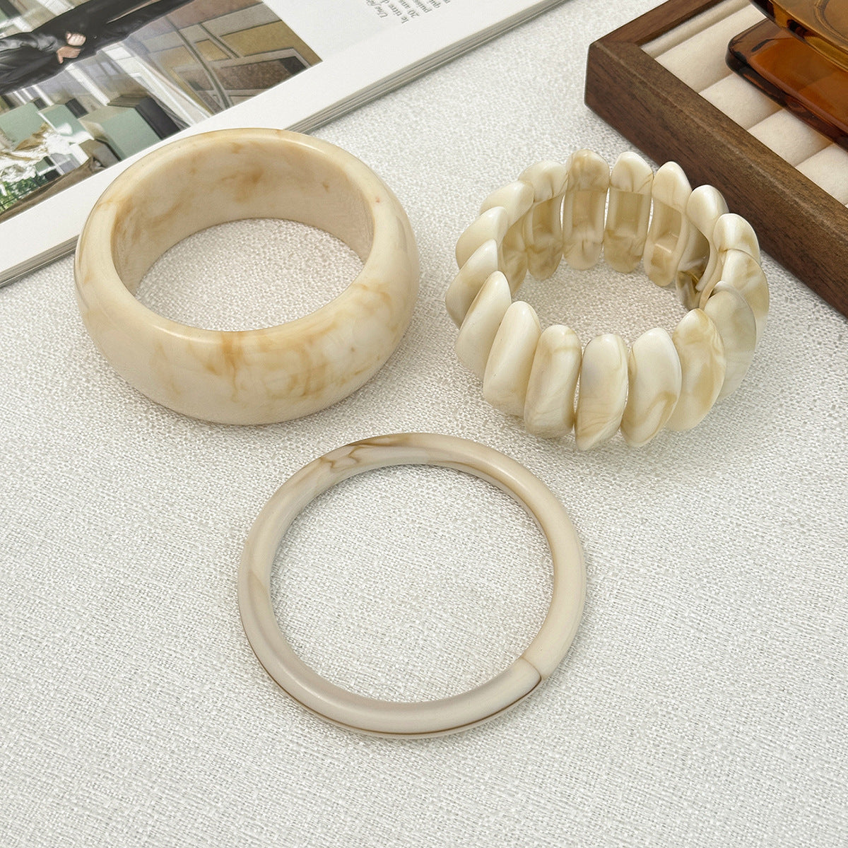 Cream Marble Resin Stretch Bracelet — bracelet, view 4