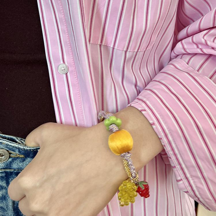 Flower Bead Braided Bracelet — light green bracelet, view 4