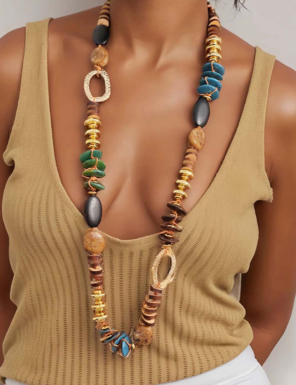 Khaki Color-Block Beaded Necklace — khaki necklace