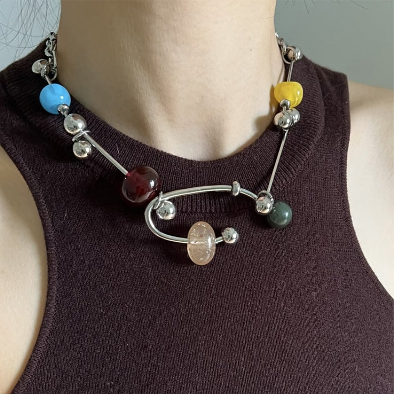 Silver Beaded Chain Necklace — silver necklace, view 2