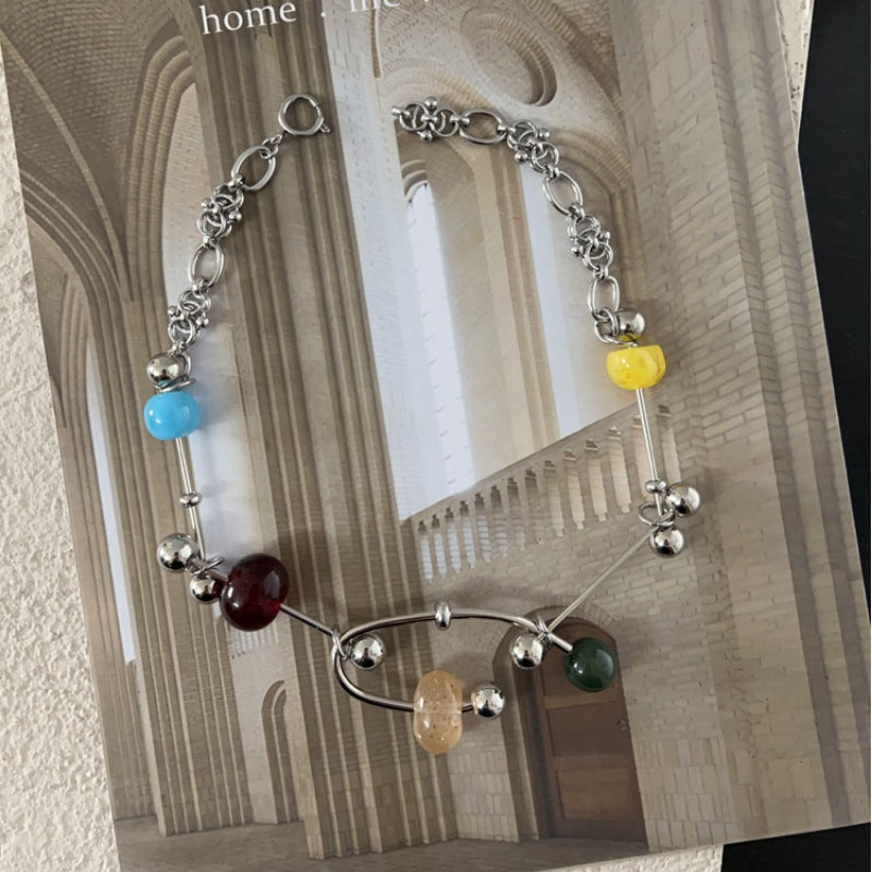 Silver Beaded Chain Necklace — silver necklace, view 3