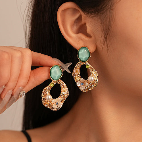 Aqua Acrylic Rhinestone Stud Earrings — gold earrings, view 2