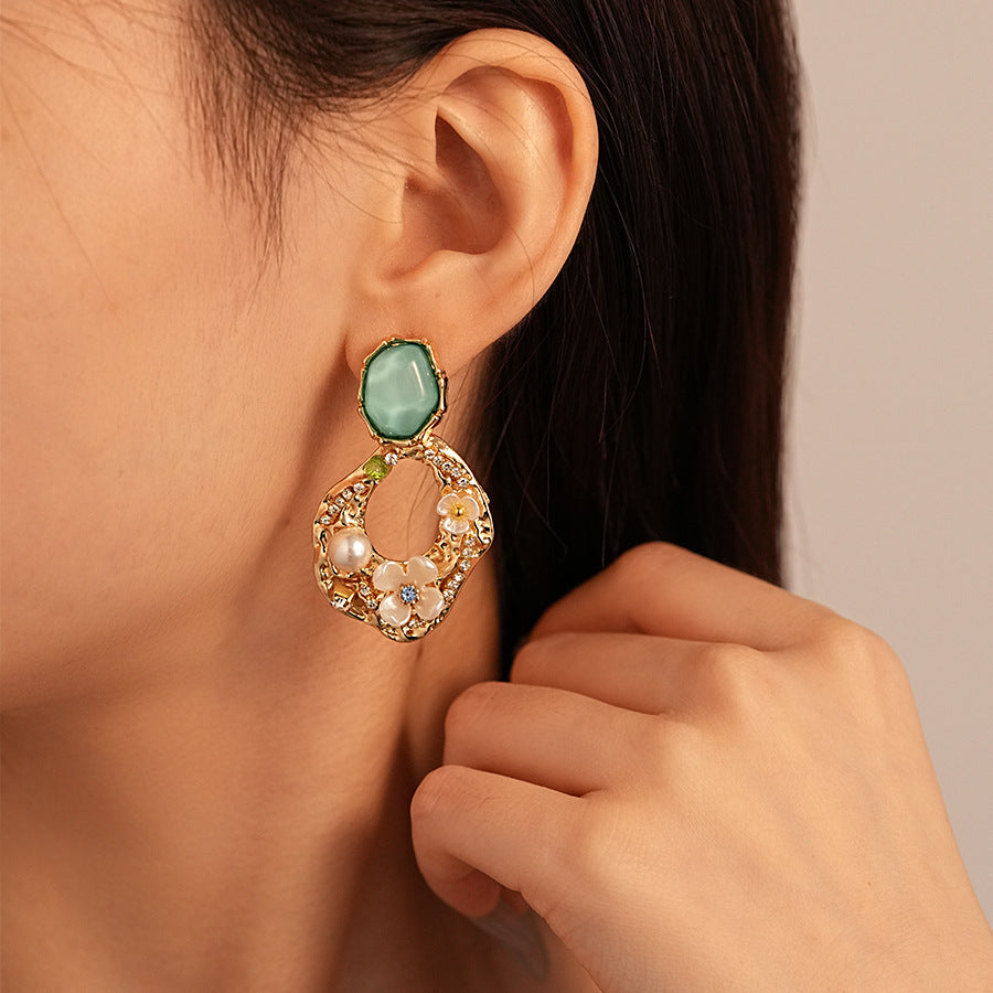 Aqua Acrylic Rhinestone Stud Earrings — gold earrings, view 3