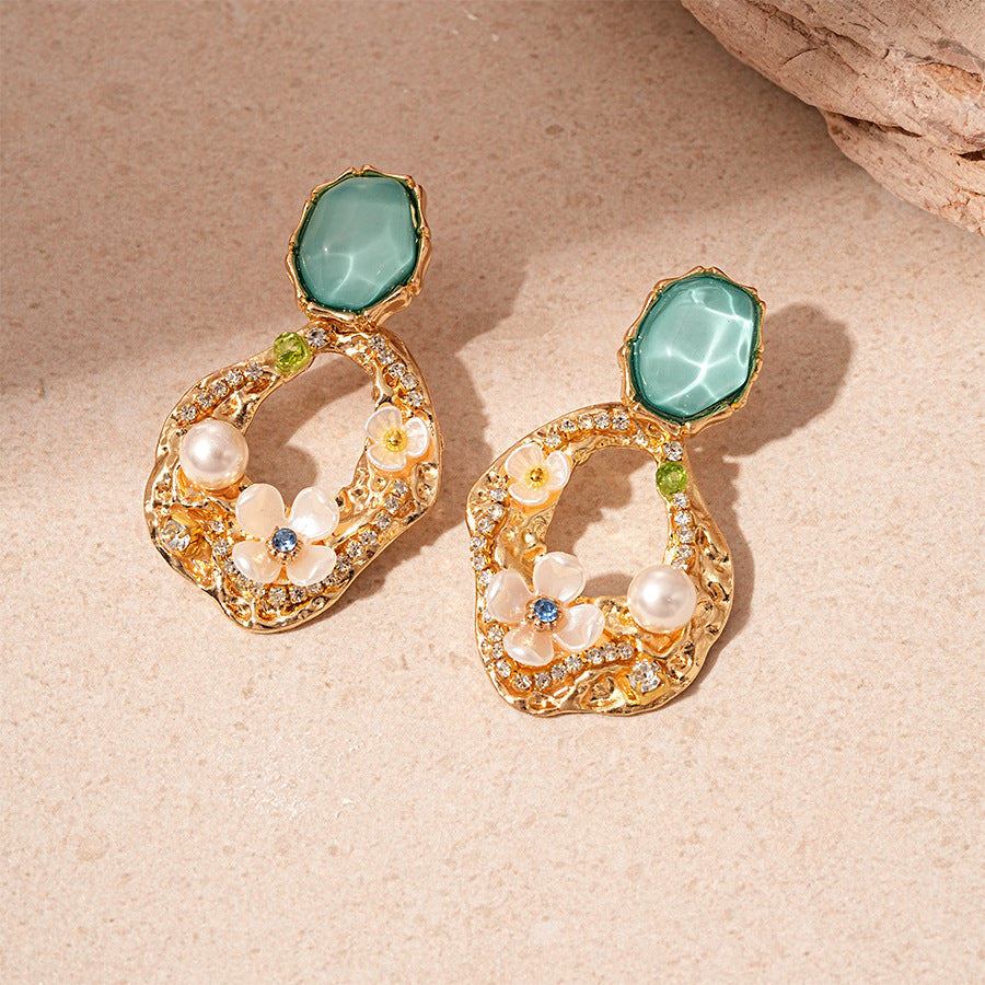 Aqua Acrylic Rhinestone Stud Earrings — gold earrings, view 4