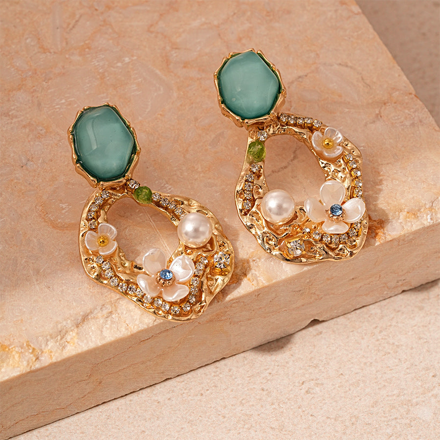 Aqua Acrylic Rhinestone Stud Earrings — gold earrings, view 5