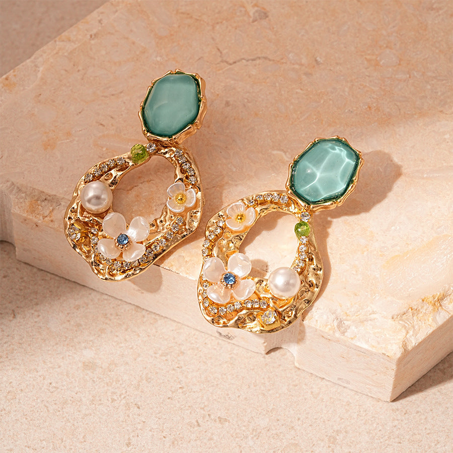 Aqua Acrylic Rhinestone Stud Earrings — gold earrings, view 6