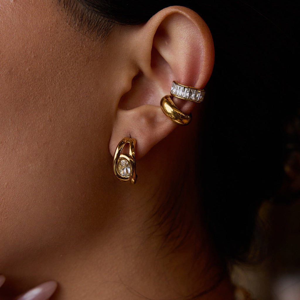 Cubic Zirconia C-Shaped Stud Earrings — gold earrings, view 3