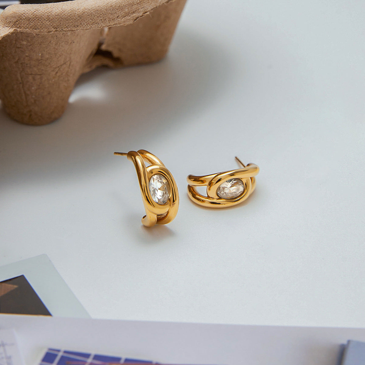 Cubic Zirconia C-Shaped Stud Earrings — gold earrings, view 5