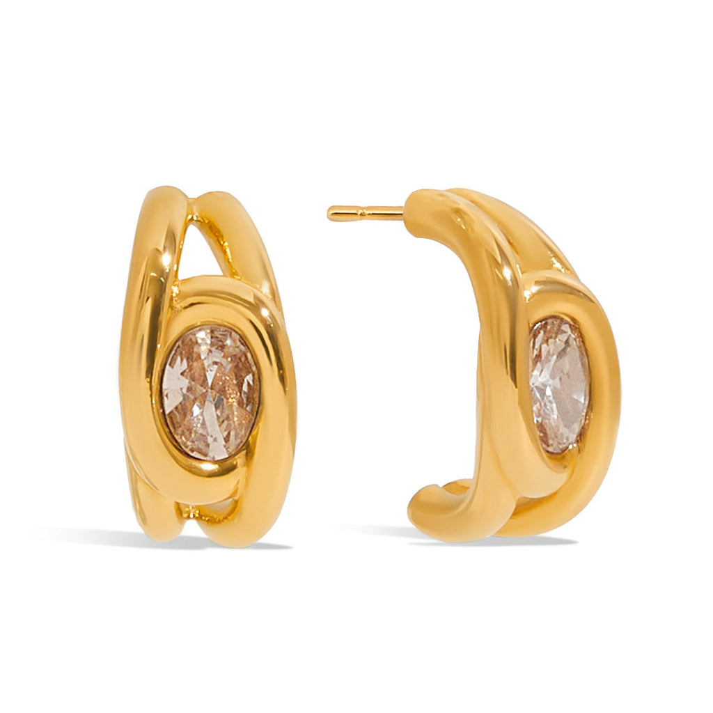 Cubic Zirconia C-Shaped Stud Earrings — gold earrings, view 10