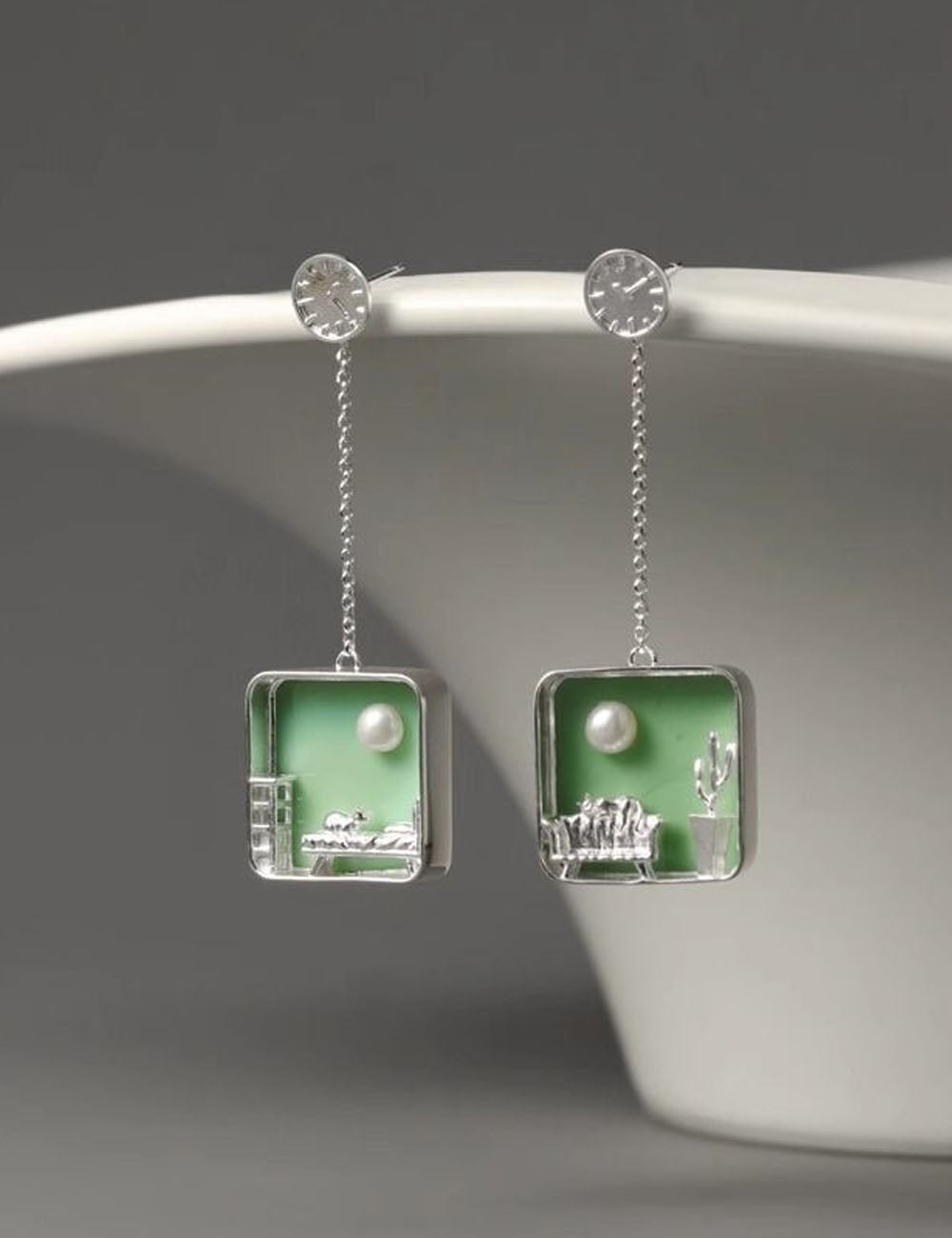 Pearl Square Pendant Drop Earrings — green earrings