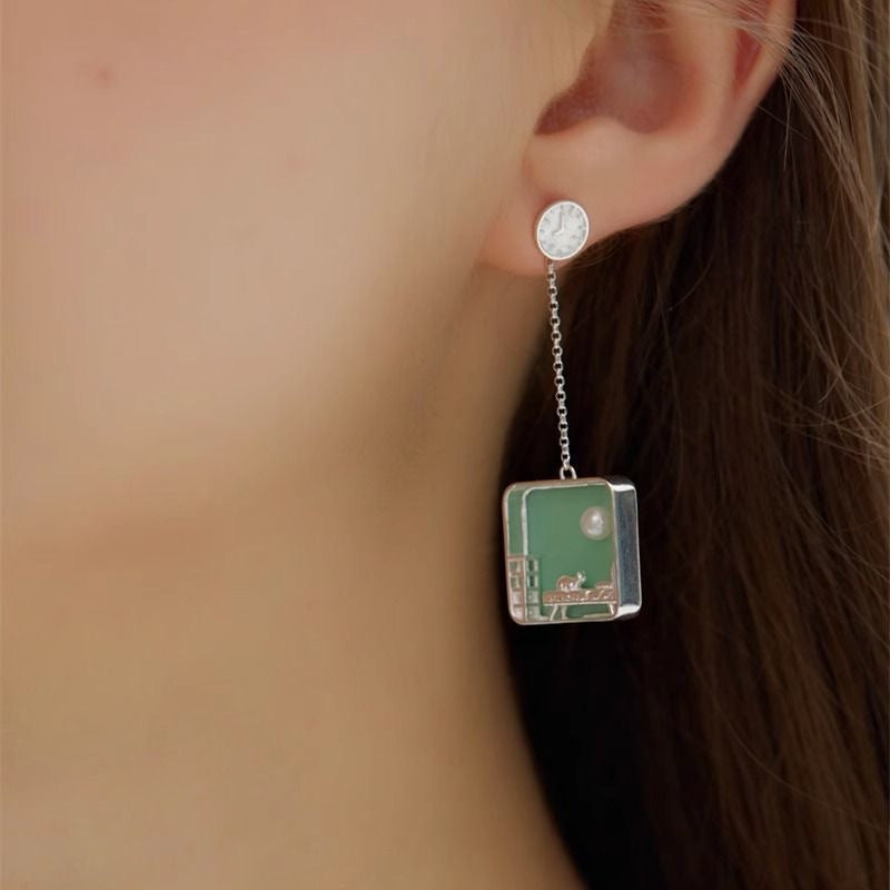 Pearl Square Pendant Drop Earrings — green earrings, view 3