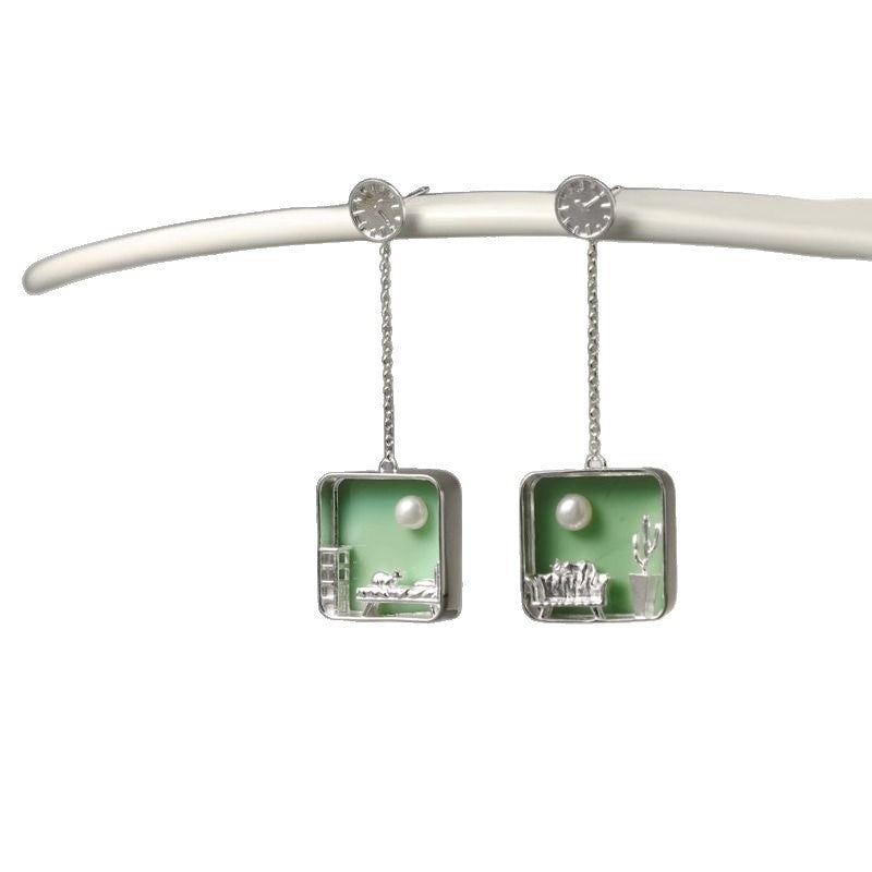 Pearl Square Pendant Drop Earrings — green earrings, view 4