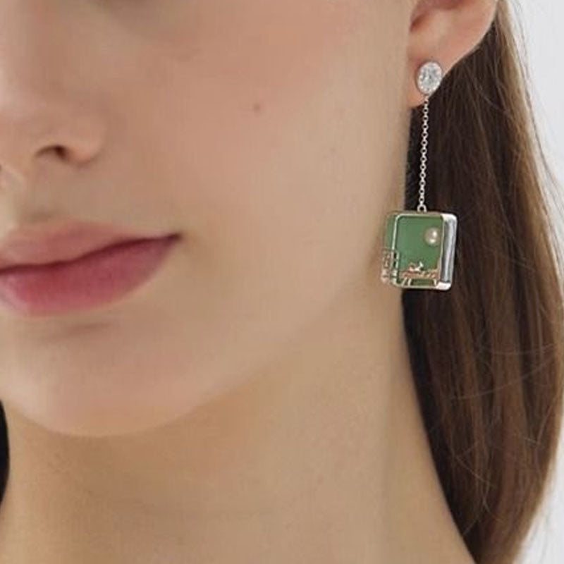 Pearl Square Pendant Drop Earrings — green earrings, view 5