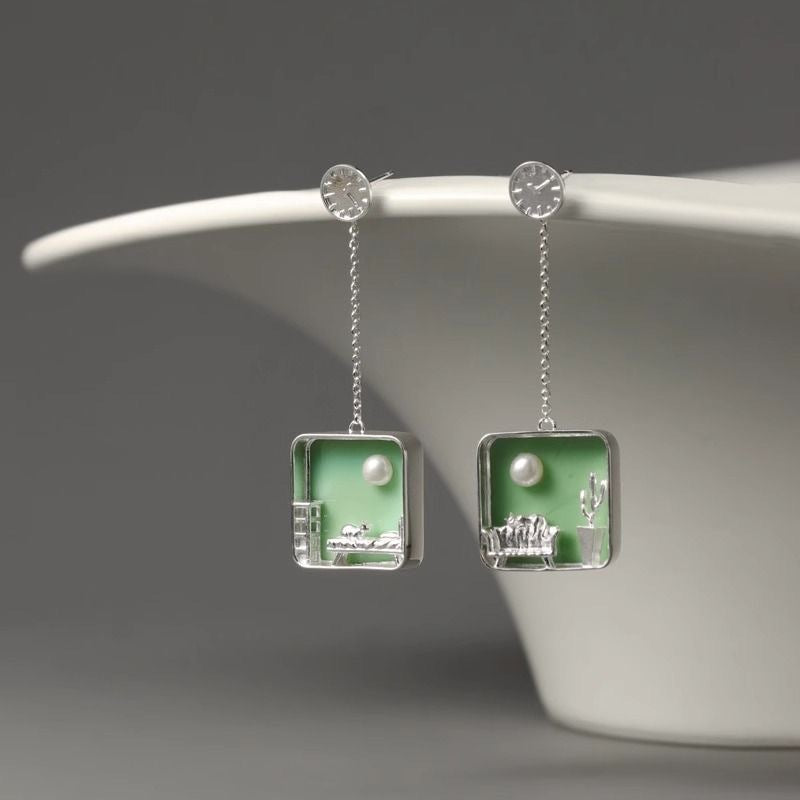 Pearl Square Pendant Drop Earrings — green earrings, view 6