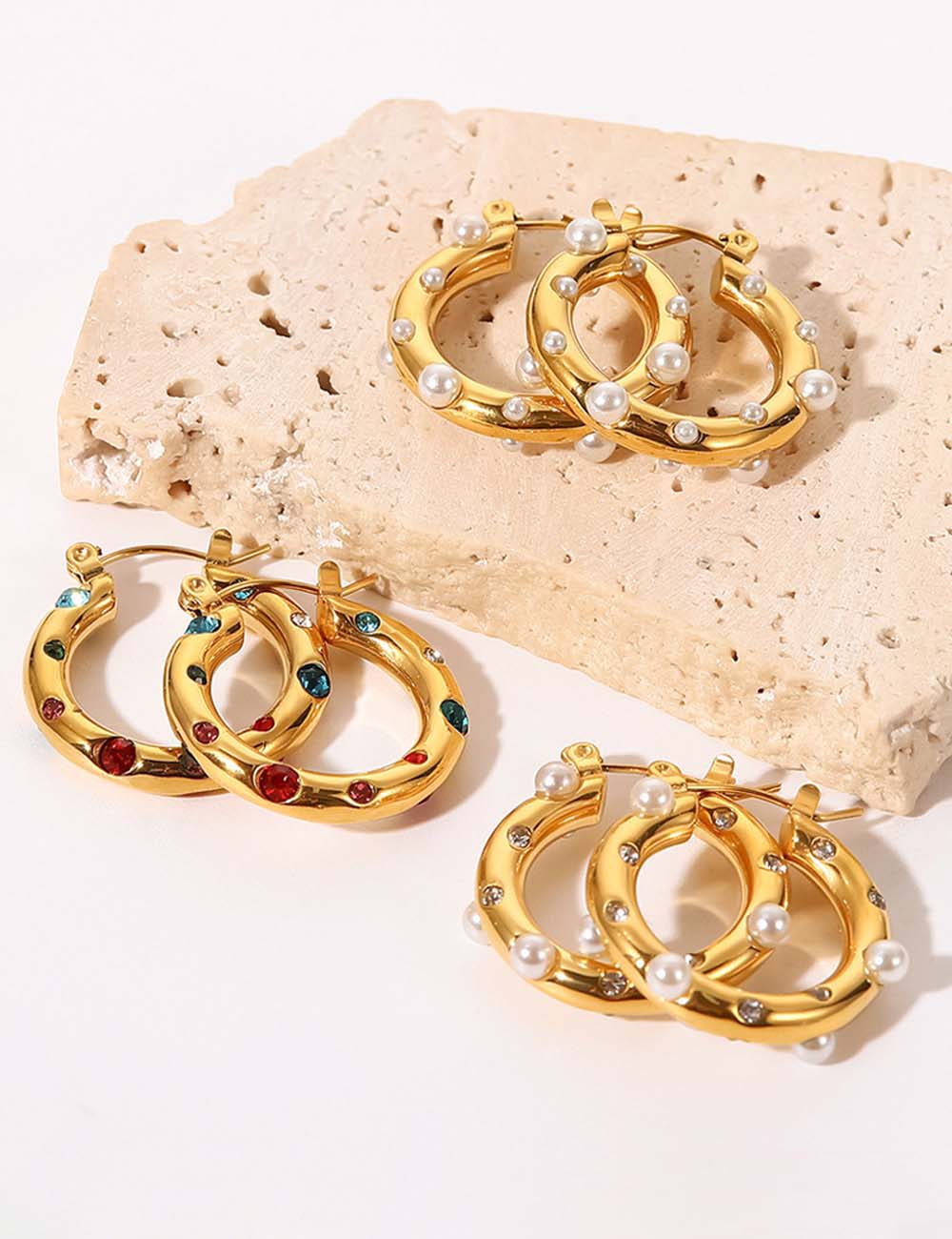 Rhinestone Pearl Chunky Hoop Earrings — earrings