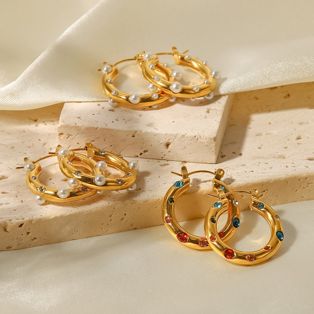 Rhinestone Pearl Chunky Hoop Earrings — earrings, view 2