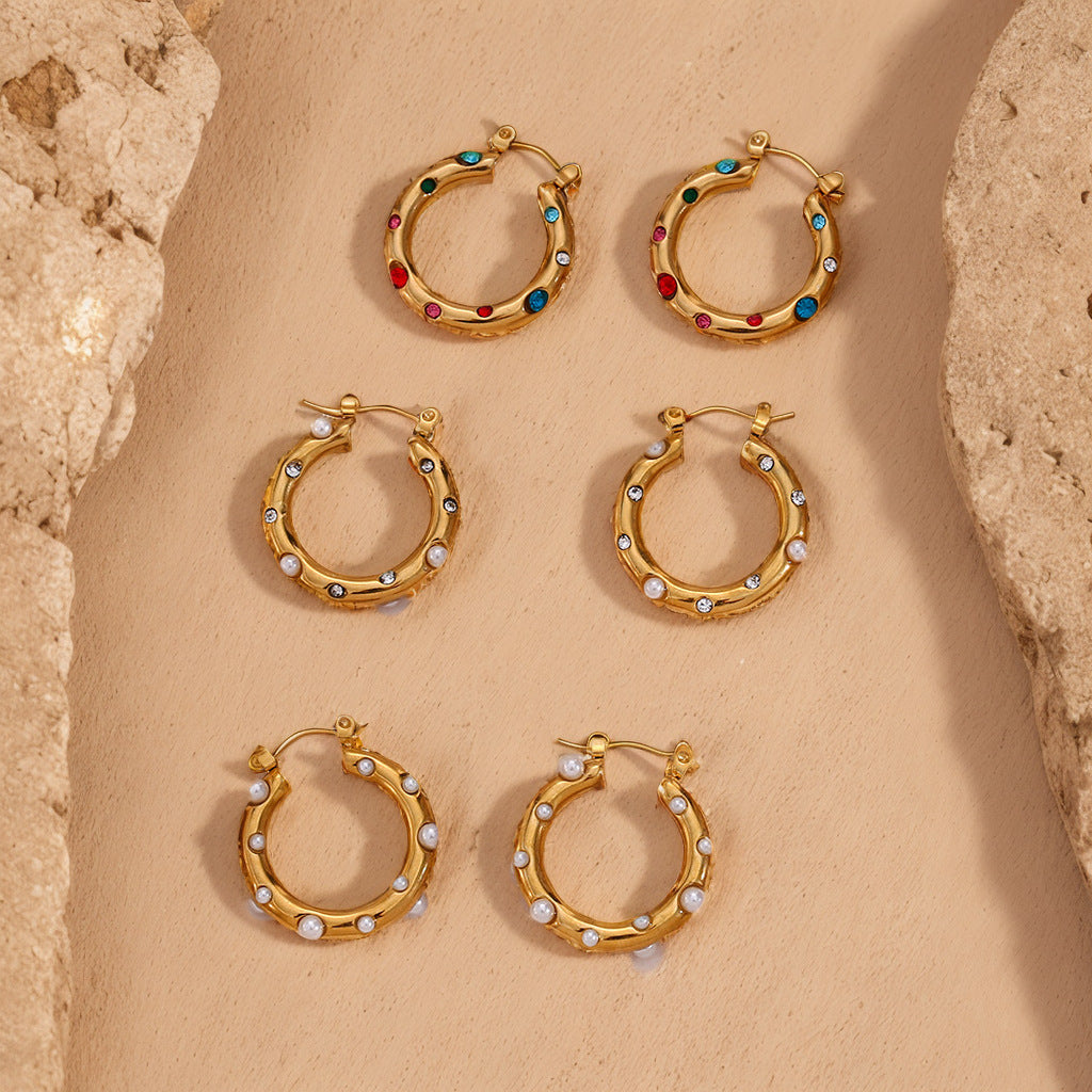 Rhinestone Pearl Chunky Hoop Earrings — earrings, view 4