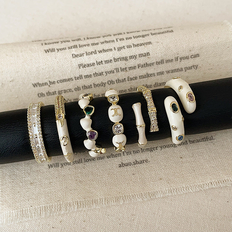 Enamel Bamboo Rhinestone Ring — ring, view 2
