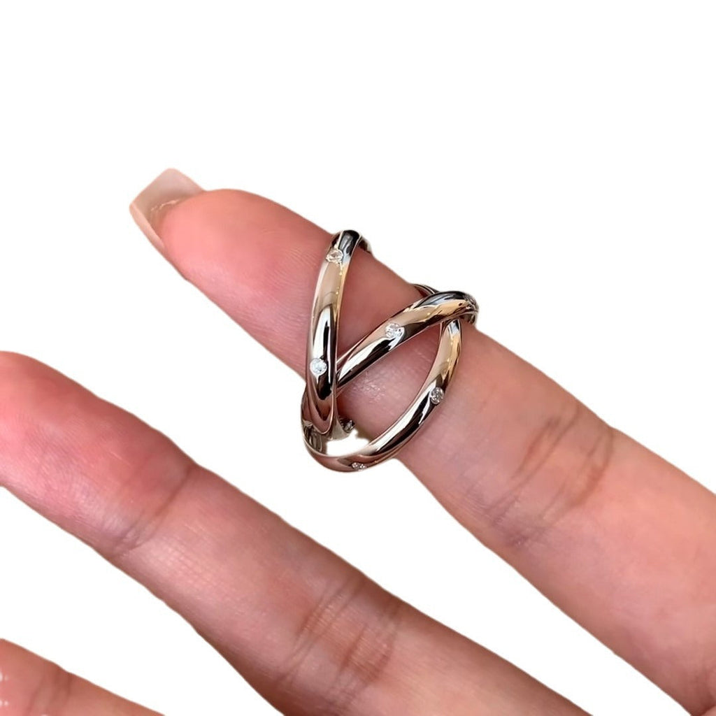 Criss Cross Wrapped Rhinestone Ring — silver ring, view 3