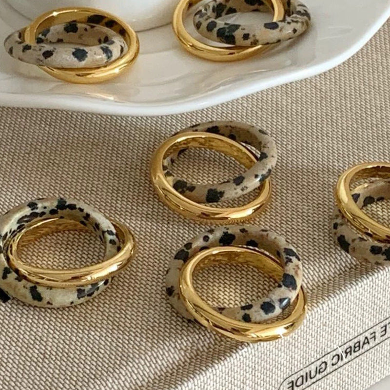 Interlocking Dalmatian Jasper Ring — gold ring, view 2