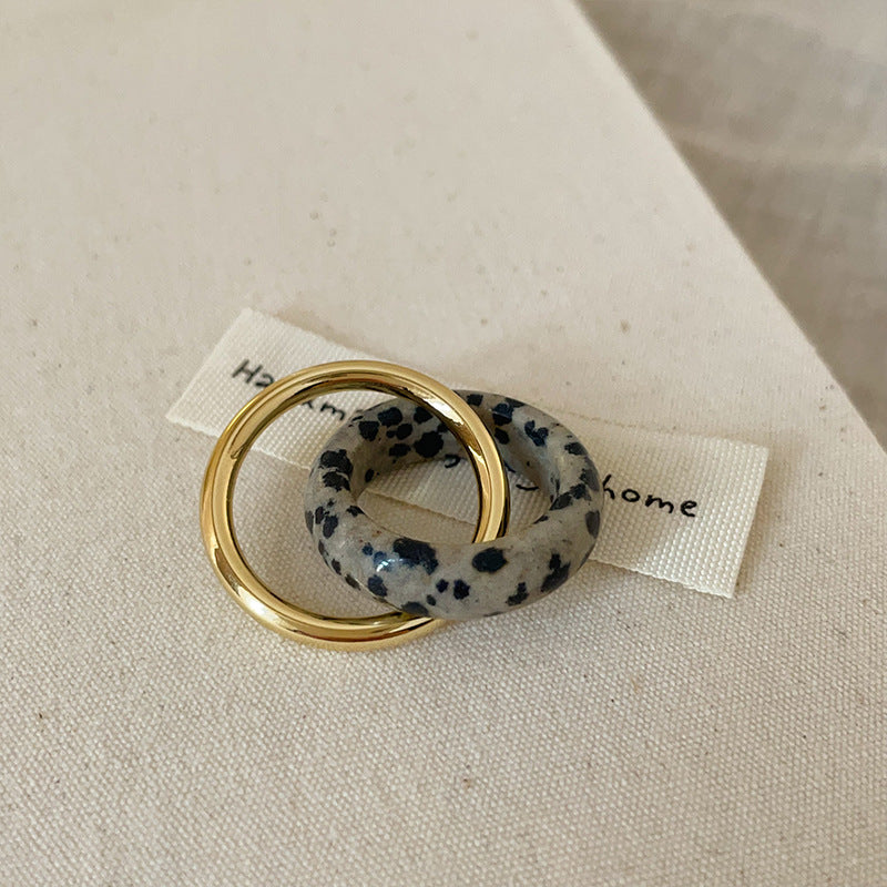 Interlocking Dalmatian Jasper Ring — gold ring, view 5