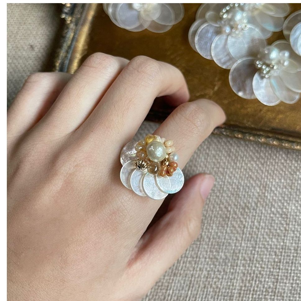 Shell Pearl Flower Ring — beige ring, view 2