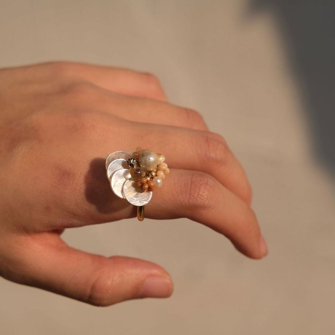 Shell Pearl Flower Ring — beige ring, view 5