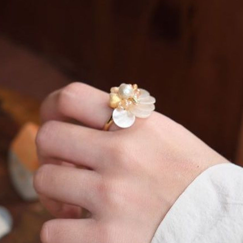 Shell Pearl Flower Ring — beige ring, view 6