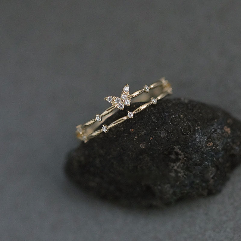 Rhinestone Butterfly Layered Open Ring — gold ring, view 2