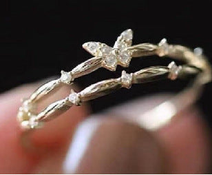 Rhinestone Butterfly Layered Open Ring — gold ring, view 3