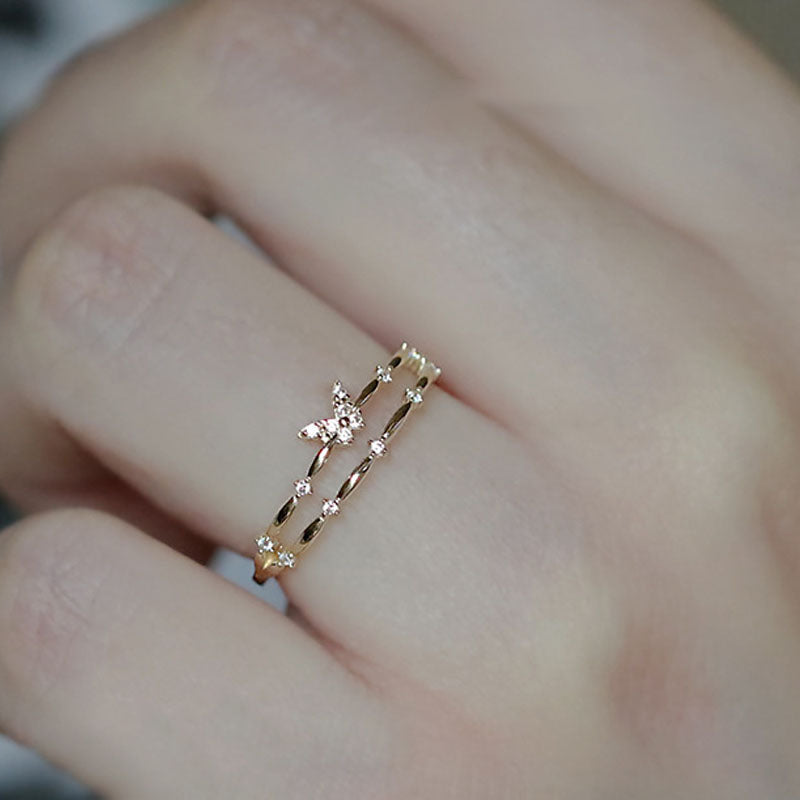 Rhinestone Butterfly Layered Open Ring — gold ring, view 4