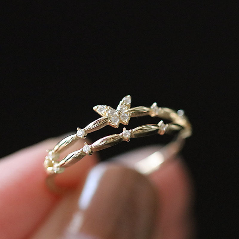 Rhinestone Butterfly Layered Open Ring — gold ring, view 5