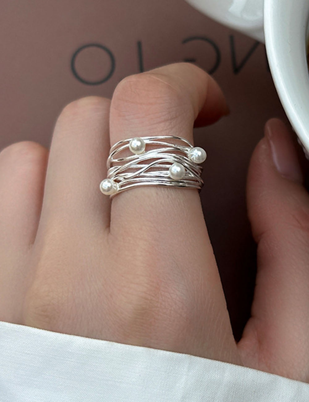 Multi-Layer Pearl Statement Ring — silver ring