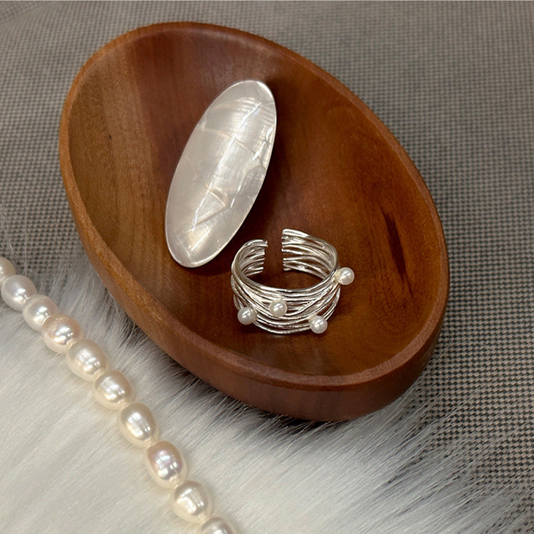 Multi-Layer Pearl Statement Ring — silver ring, view 2