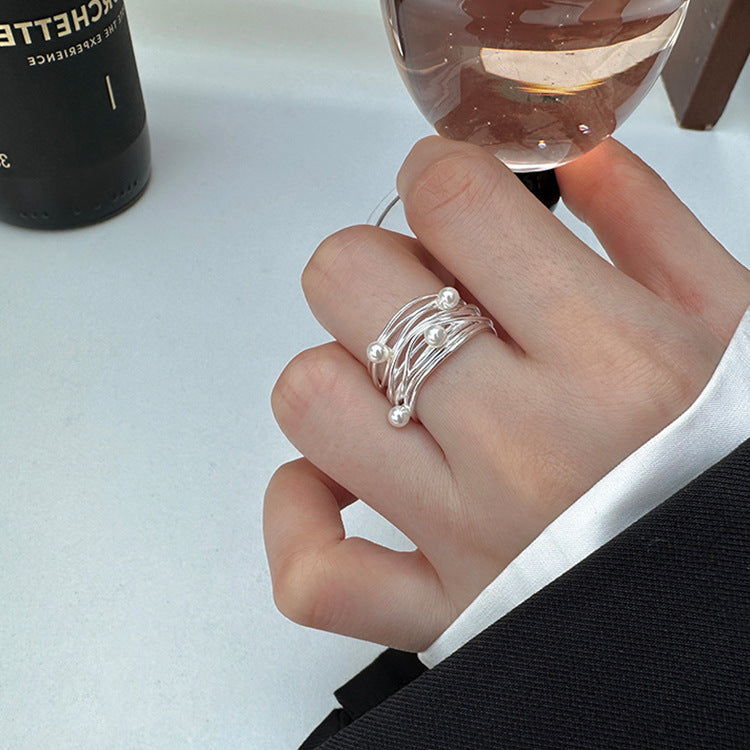Multi-Layer Pearl Statement Ring — silver ring, view 3