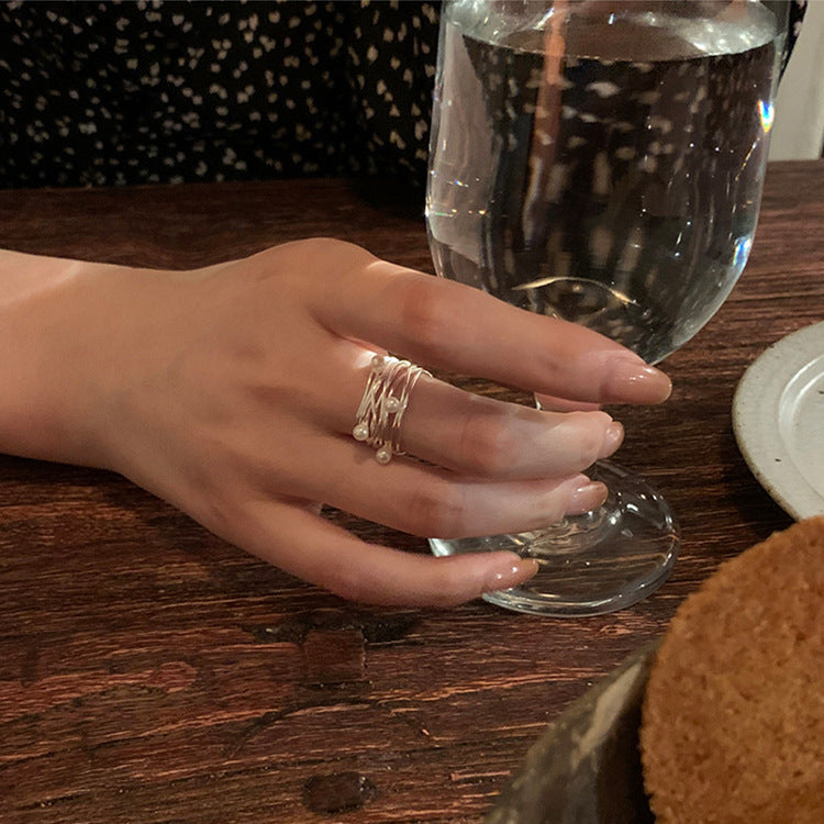 Multi-Layer Pearl Statement Ring — silver ring, view 4
